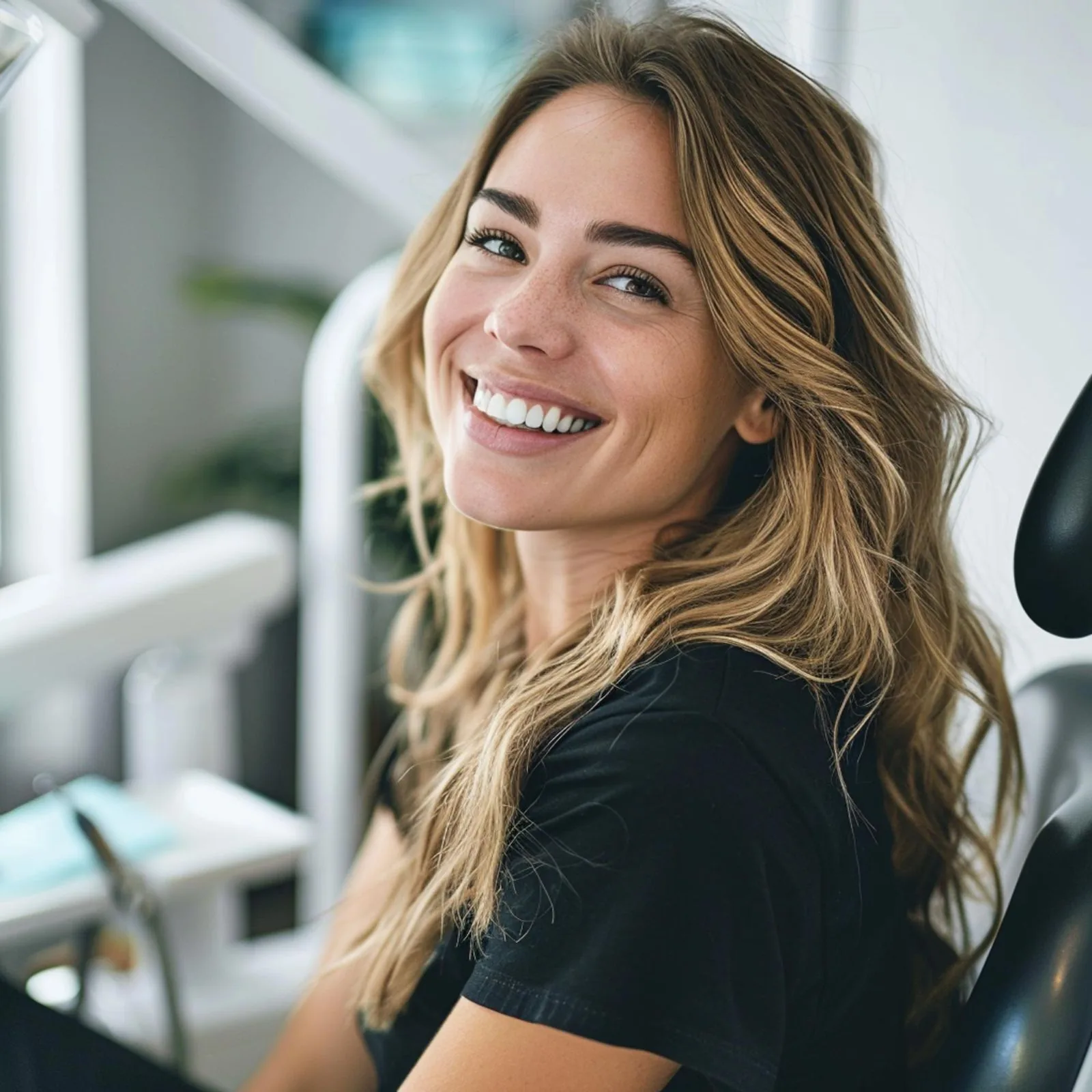 Paciente sorrindo na cadeira odontológica